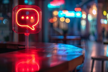Neon chat bubble displaying on a bar counter with city street lights at night