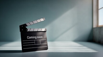 movie clapperboard with "Coming soon" text on blue background. Filmmaking and cinematography concept background with copy space