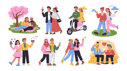 Fototapeta premium Moments of Togetherness: A delightful illustration showcases various couples in heartwarming scenarios, capturing the essence of love and companionship across different settings and activities.