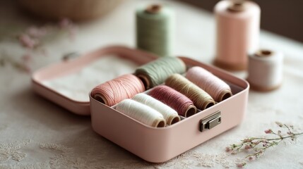 sewing kit with threads on the table