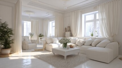 Fototapeta premium Bright cozy living room with elegant white decor and natural light