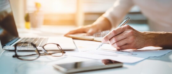 The hands of a professional writing on documents at a sunlit office desk