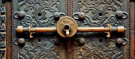 Close up of an ancient ornate metal bolt lock on a weathered and decorative door.