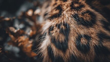 Detailed close-up of golden-brown leopard fur texture showcasing intricate black spotting and natural animal pattern