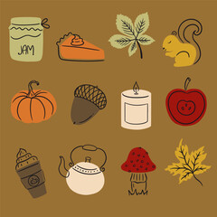 Doodle Style Autumn Vector Isolated Elements Set