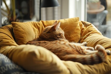 Ginger cat resting comfortably on a soft yellow bean bag chair