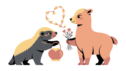 Animated Friendship:  An adorable illustration captures a heartwarming moment as a honey badger offers a heart-shaped gift to a deer.