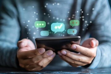 Person's hands holding a smartphone with floating chat bubble icons and digital particles