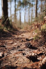 Obraz premium Forest path strewn with pine needles and pinecones, sunlight filtering through tall trees. Concept Sunlit forest path among tall trees, Pine needles and pinecones on the trail
