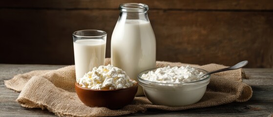 The Milk and Cottage Cheese Breakfast Setup on a Rustic Wooden Table with Burlap