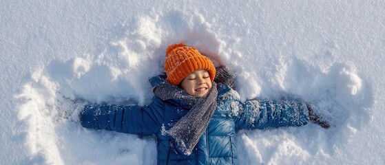 The child making a snow angel in a blue coat and orange hat