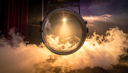 Large projector lens emitting a powerful beam of light into swirling fog