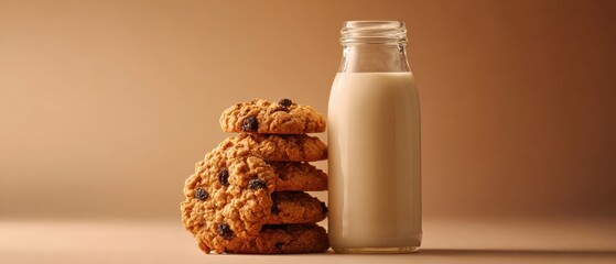 The Cookies Stacked Beside a Glass Bottle of Milk on a Neutral Beige Surface