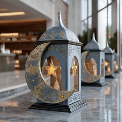 Ramadan Lantern Display, Large Metal and Glass Fannose with Warm LED Lighting for Hotels, Malls, and Festive Interiors