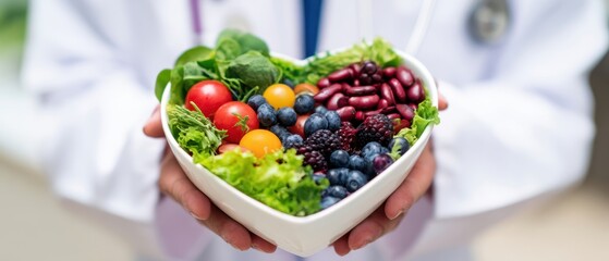 The heart-shaped bowl of fresh berries and salad held by a doctor