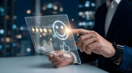 Businessman interacting with virtual interface showing customer satisfaction,5-star rating,smiley face and like symbol,concept of positive client feedback,review and performance analysis