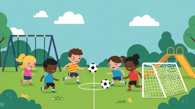 Group of Children Playing Soccer on a Green Field Under a Light Blue Sky in a Cartoon Style with Playground Equipment in the Background