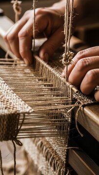 Person weaving piece of fabric on loy lon lor with pair of.