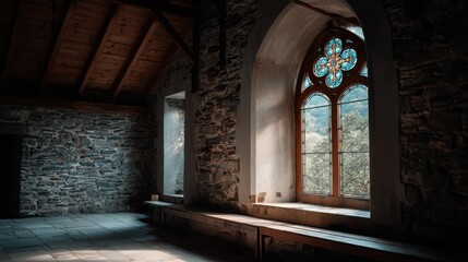 Fototapeta premium stained glass window in the church with copy space on stone wall background