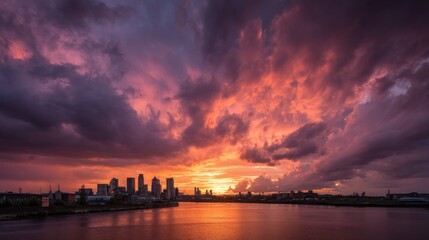 Fototapeta premium Stunning sunset over city skyline with dramatic clouds reflecting on river
