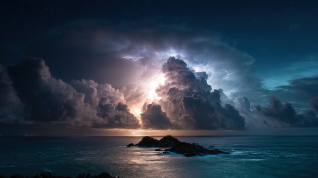 Dramatic ocean thunderstorm with lightning at night