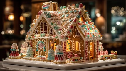 Fototapeta premium Illuminated gingerbread house with decorative candy and frosting details