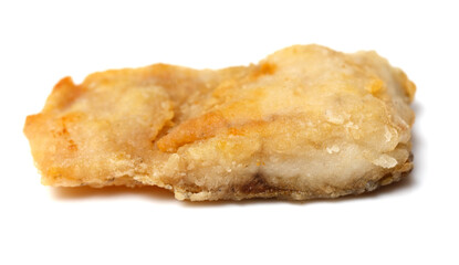 A piece of fried food is on a white background