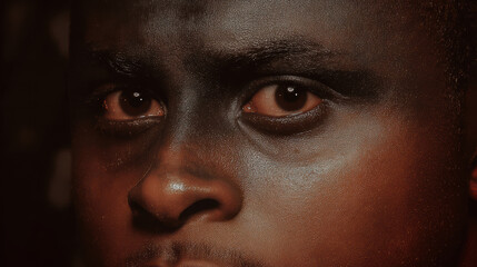 Closeup portrait dark skinned child with dramatic low lighting and intense gaze conveying emotion