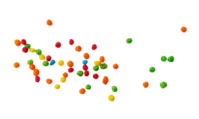 A bunch of colorful candy pieces scattered on a white background