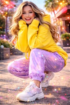 girl wearing yellow shirt and purple pants smiling and sitting psoe cute stylish
Visuals with maximum sensory appeal
Absurd, playful, and very entertaining