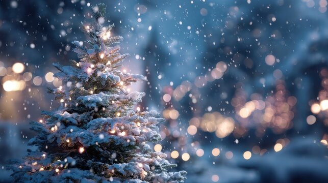 Snow-covered christmas tree with festive lights in winter wonderland