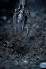 Fototapeta premium Rusty three-pronged metal claw from heavy machinery, muddy and dangling over a freshly dug hole. Concept Rusty three-pronged metal claw, heavy machinery component, mud-covered and weathered