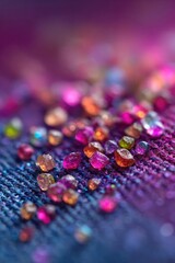 Obraz premium Colorful crystals scattered on a textured purple fabric. Concept Colorful crystals, Textured purple fabric, Sparkling gems on velvet, Purple hue palette, Shimmer and facets