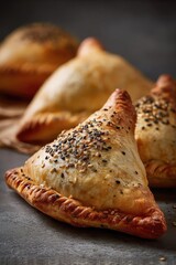 Freshly baked triangular pastries topped with sesame seeds. Concept Sesame-Topped Triangular Pastries, Freshly Baked Pastries, Golden Brown Pastries, Savory and Sweet Pastries