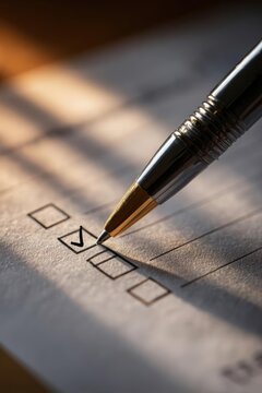 A pen marks a check in a checkbox on a form. Concept Form Filling, Checkmark, Pen Stroke, Paperwork, Administrative Task