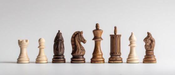 The chess pieces in a lined arrangement showcasing carved wooden kings and knights