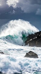 Large wave crashing against rocks under a dramatic, cloudy sky