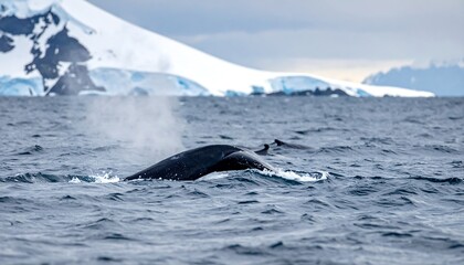 Large whale surfaces with snowy peaks in the background, exhaling
