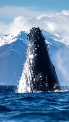 Large whale breaches from the ocean, snow-capped mountains in background