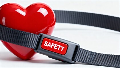 Red heart shape secured by grey seatbelt with safety buckle on white background