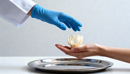 Doctor in blue glove reaching toward white flower in patient hand on lab table