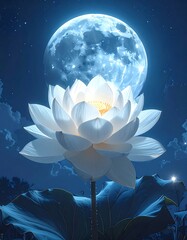 Large white lotus flower glows under a giant, luminous full moon