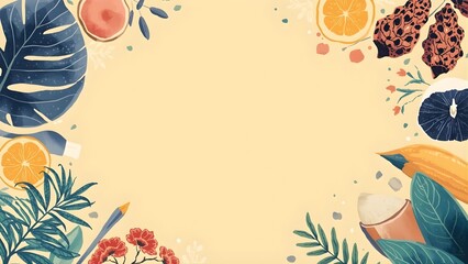 A vibrant illustration of tropical leaves and fruits surrounding a refreshing beverage in a serene environment from a top view.