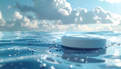 Large white pill floats in serene water with cloudy skies