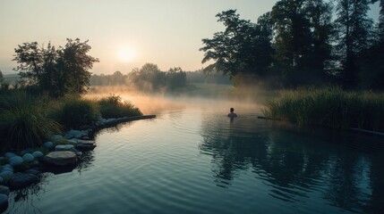 Solitary swim at sunrise in serene natural pool