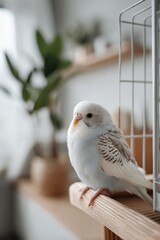 a budgie is sitting in a cage in modern living room
