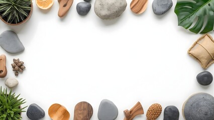 A serene arrangement of stones and plants on a white background viewed from above.