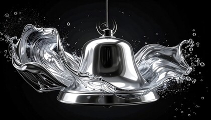 Metallic bell amidst liquid splash against a dark backdrop