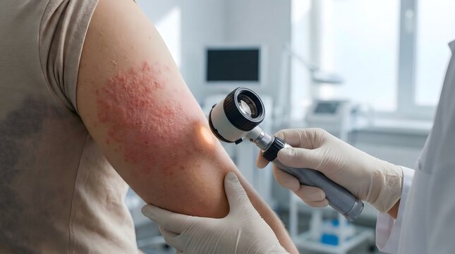 Skin rash diagnosis,dermatologist examining irritated red skin on arm using dermatoscope,healthcare concept