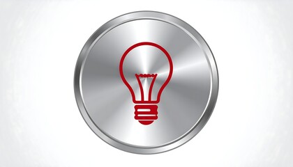 Metallic button with red lightbulb icon against a white background